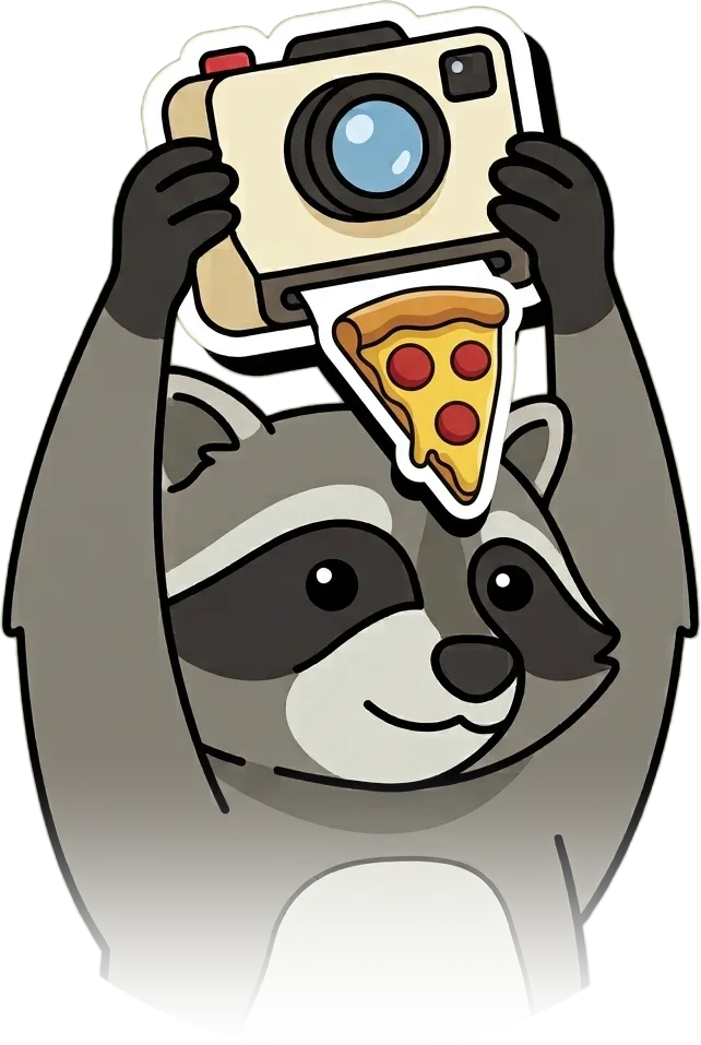 Pedro the raccoon holding up a camera that prints a sticker